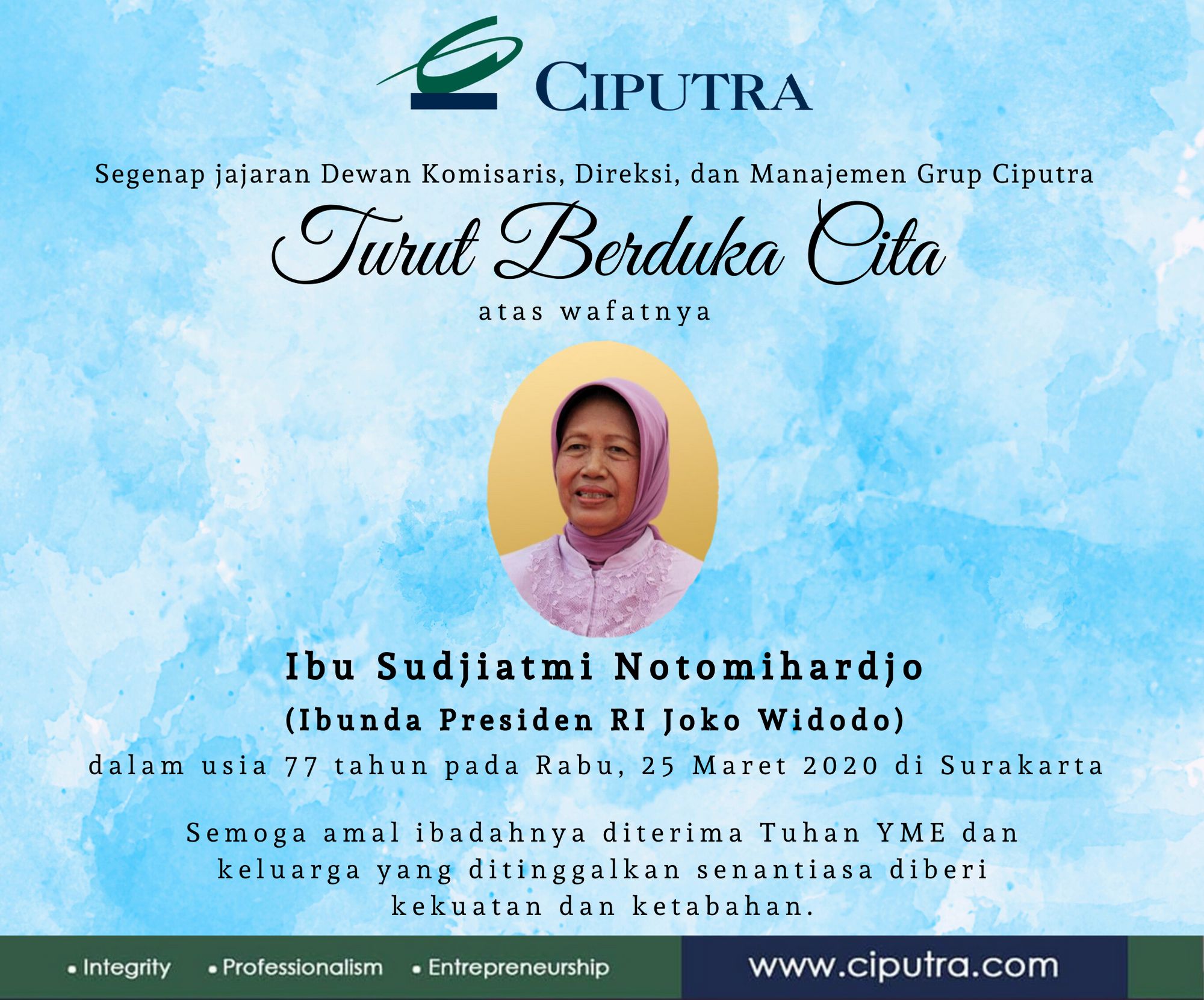 Grup Ciputra Turut Berduka Atas Wafatnya Ibu Sudjiatmi Notomihardjo