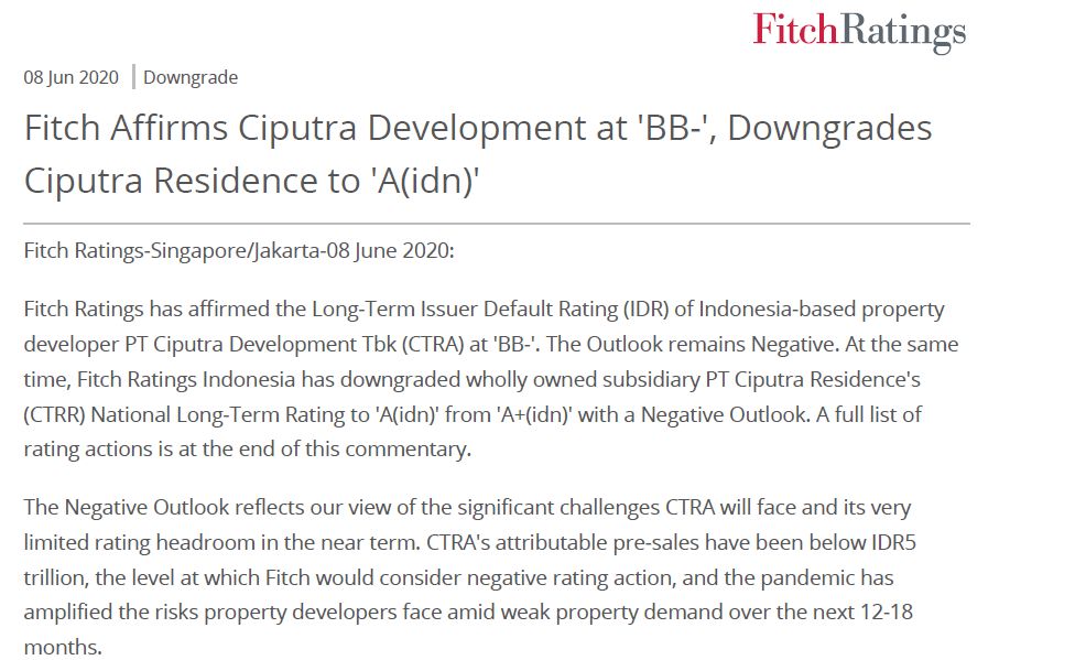Fitch Affirmasi Ciputra Development ‘BB-‘, Turunkan Ciputra Residence Menjadi ‘A(idn)’